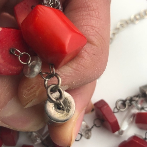 VINTAGE Sterling Coral & Rock Crystal Chunky Statement Necklace 23” - Picture 9 of 10